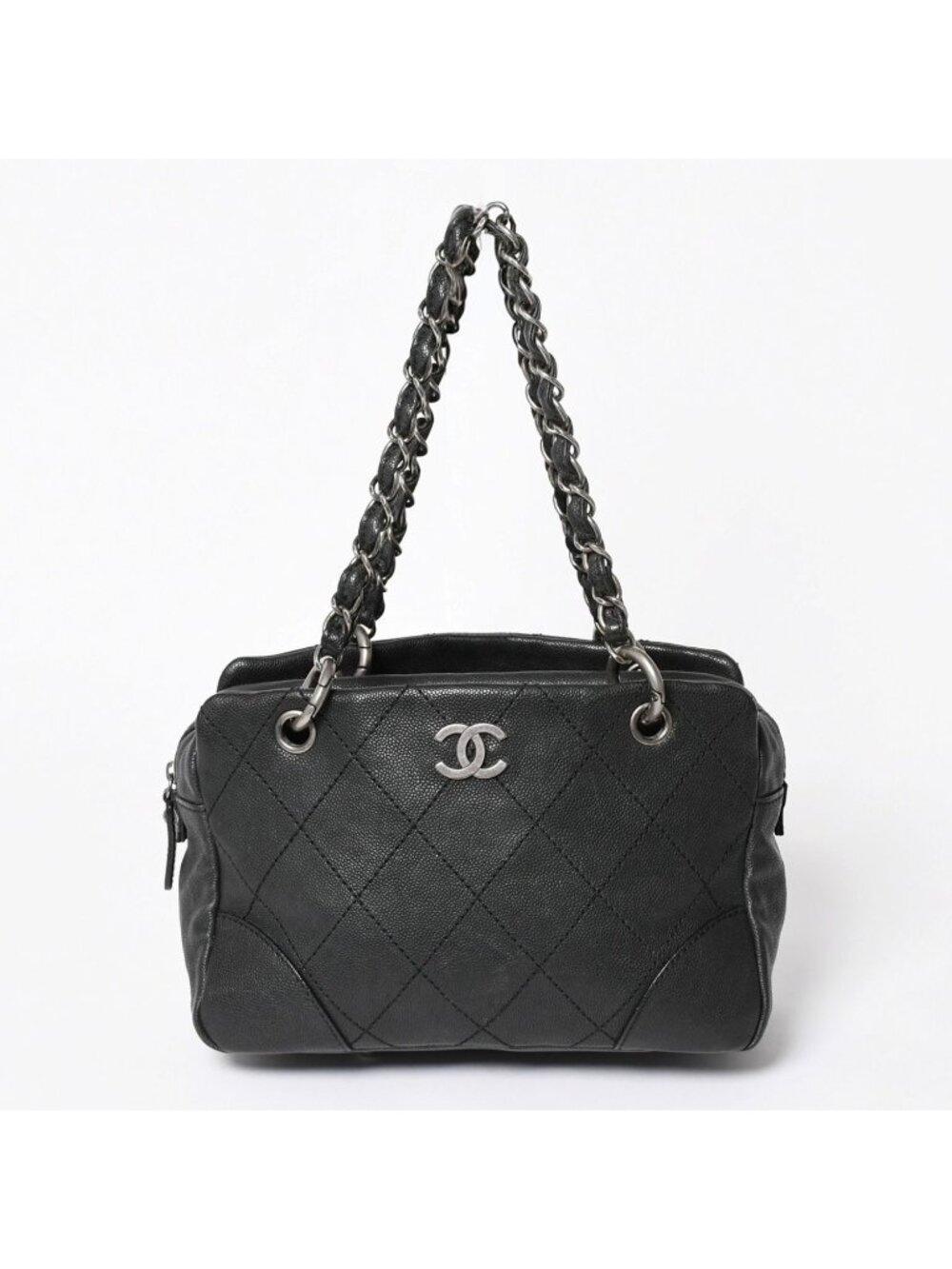 Chanel Wild Stitch Chain Tote Bag CC Logo Caviar Leather Black
